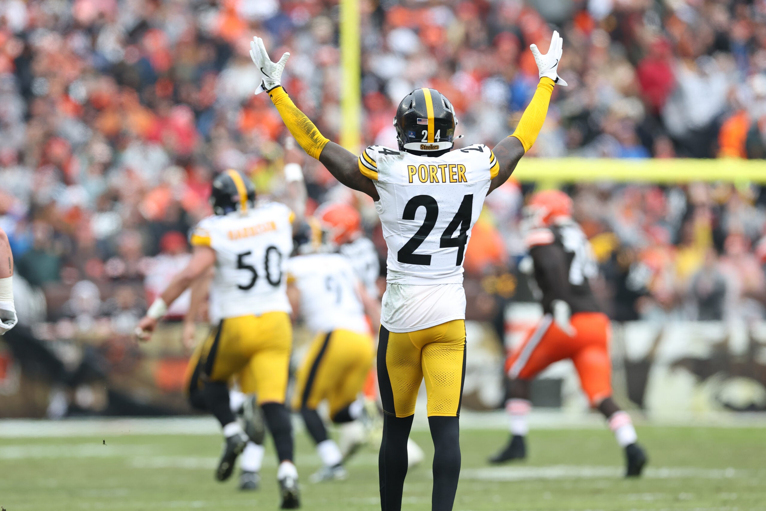 Dec 28, 2025; Cleveland, Ohio, USA; Pittsburgh Steelers cornerback Joey Porter Jr. (24) reacts in the second quarter against the Cleveland Browns at Huntington Bank Field.