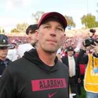 Jan 1, 2026; Pasadena, CA, USA; Alabama Crimson Tide head coach Kalen Deboer leaves the field after the 2026 Rose Bowl and quarterfinal game of the College Football Playoff against the Indiana Hoosiers at Rose Bowl Stadium.