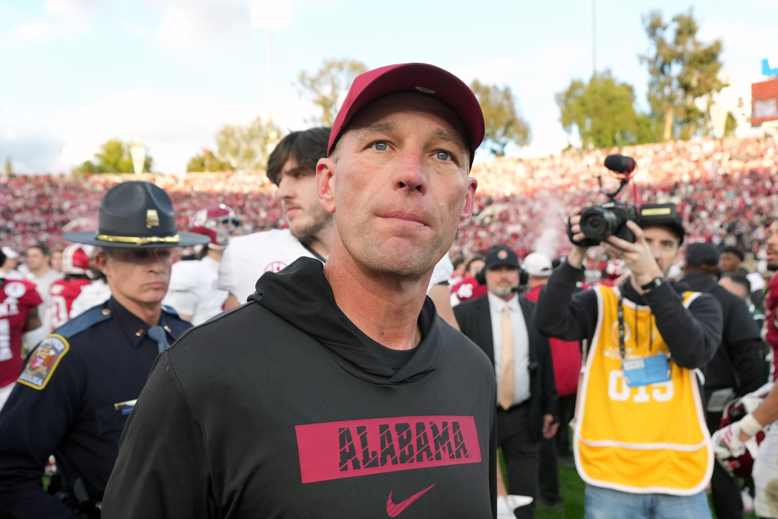 Jan 1, 2026; Pasadena, CA, USA; Alabama Crimson Tide head coach Kalen Deboer leaves the field after the 2026 Rose Bowl and quarterfinal game of the College Football Playoff against the Indiana Hoosiers at Rose Bowl Stadium.