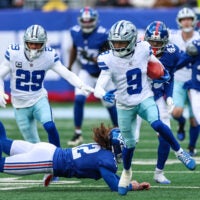 Jan 4, 2026; East Rutherford, New Jersey, USA; Dallas Cowboys wide receiver Kavontae Turpin (9) returns a kickoff as New York Giants punter Jamie Gillan (12) pursues during the second half at MetLife Stadium.
