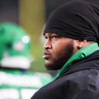 Jan 4, 2026; Philadelphia, Pennsylvania, USA; Philadelphia Eagles defensive tackle Jalen Carter looks on from the sideline during the third quarter against the Washington Commanders at Lincoln Financial Field.