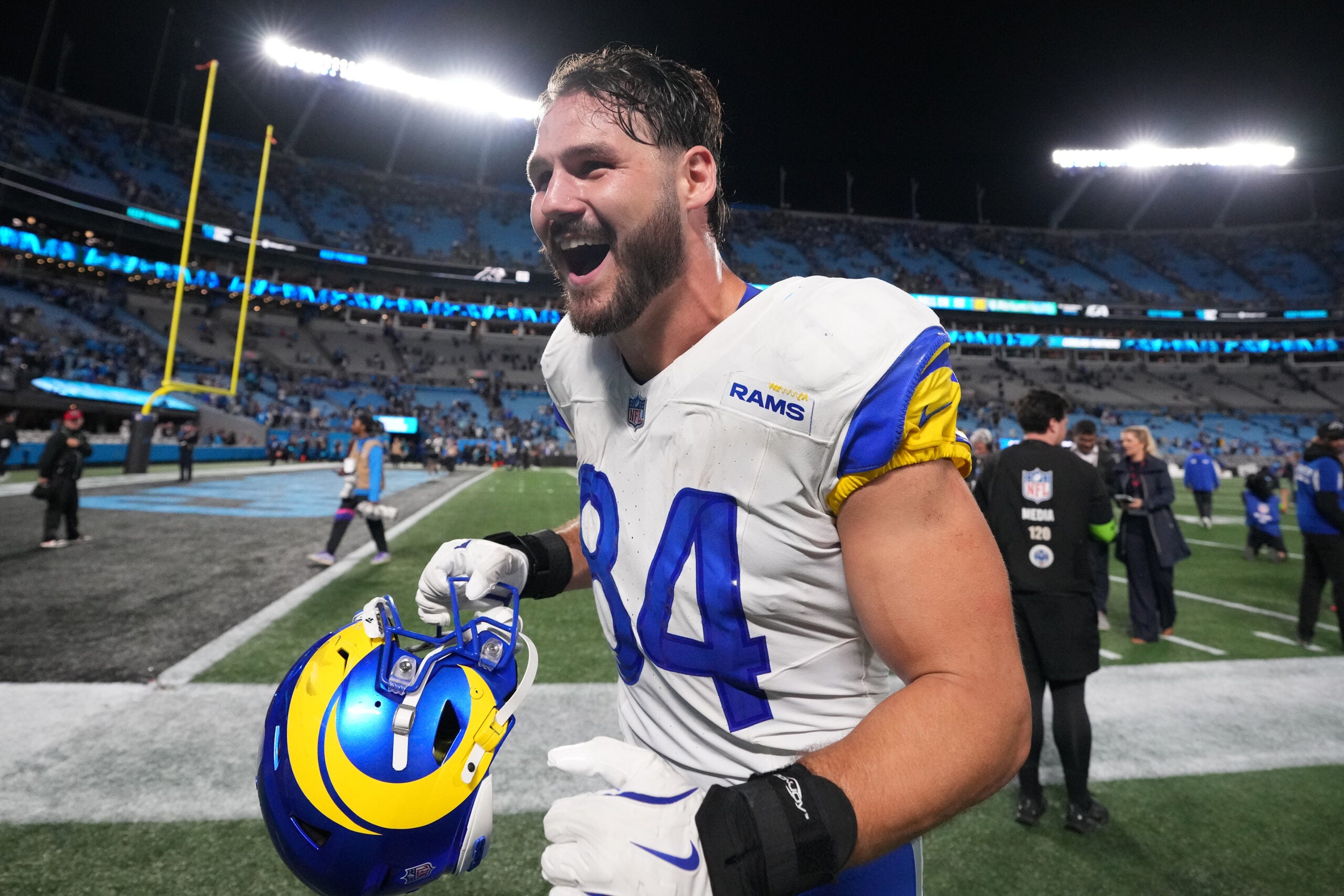 Jan 10, 2026; Charlotte, NC, USA; Los Angeles Rams tight end Colby Parkinson (84) reacts after the game against the Carolina Panthers in the NFC Wild Card Round game at Bank of America Stadium.
