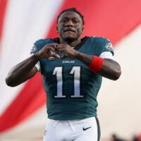 Jan 11, 2026; Philadelphia, PA, USA; Philadelphia Eagles wide receiver A.J. Brown (11) looks on prior to an NFC Wild Card Round game against the San Francisco 49ers at Lincoln Financial Field.