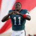 Jan 11, 2026; Philadelphia, PA, USA; Philadelphia Eagles wide receiver A.J. Brown (11) looks on prior to an NFC Wild Card Round game against the San Francisco 49ers at Lincoln Financial Field