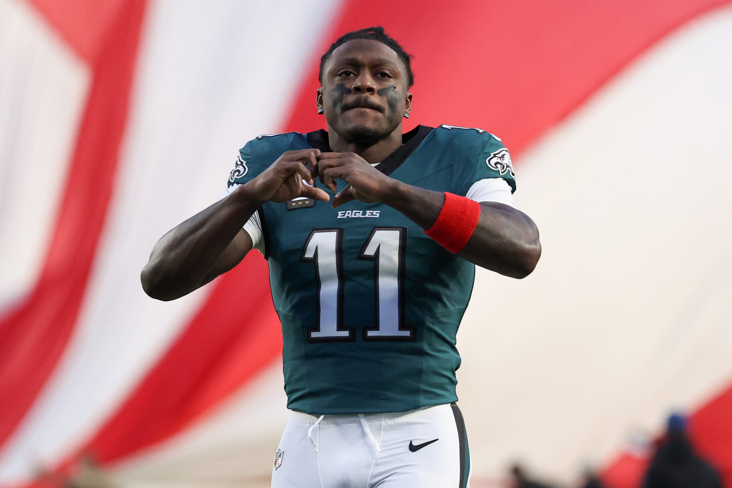 Jan 11, 2026; Philadelphia, PA, USA; Philadelphia Eagles wide receiver A.J. Brown (11) looks on prior to an NFC Wild Card Round game against the San Francisco 49ers at Lincoln Financial Field
