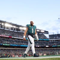Jan 11, 2026; Philadelphia, PA, USA; Philadelphia Eagles quarterback Jalen Hurts (1) looks on prior to an NFC Wild Card Round game against the San Francisco 49ers at Lincoln Financial Field.