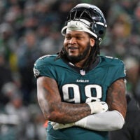 Jan 11, 2026; Philadelphia, PA, USA; Philadelphia Eagles defensive tackle Jalen Carter (98) against the San Francisco 49ers in an NFC Wild Card Round game at Lincoln Financial Field.