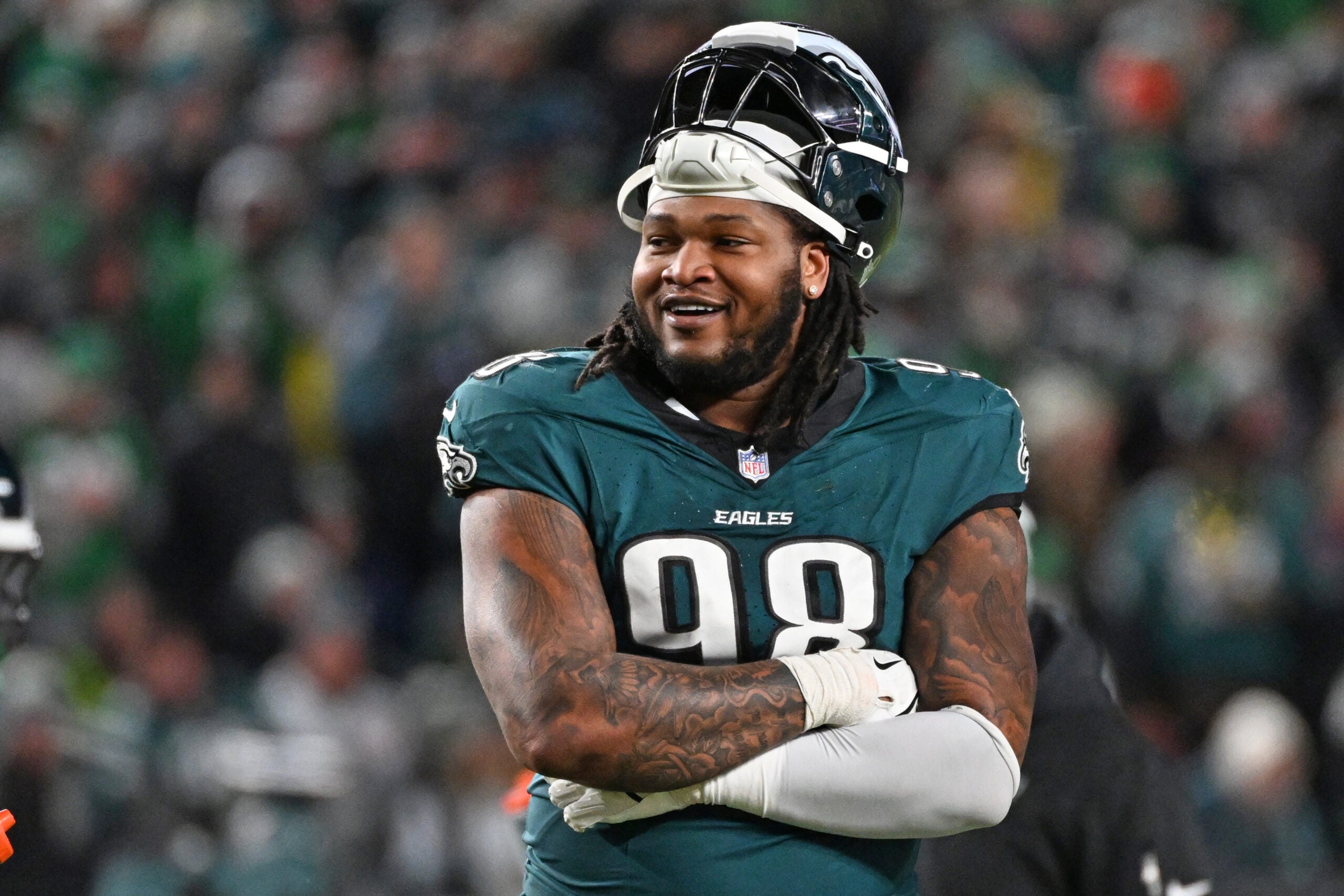 Jan 11, 2026; Philadelphia, PA, USA; Philadelphia Eagles defensive tackle Jalen Carter (98) against the San Francisco 49ers in an NFC Wild Card Round game at Lincoln Financial Field.