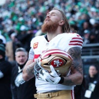Jan 11, 2026; Philadelphia, PA, USA; San Francisco 49ers tight end George Kittle before action against the Philadelphia Eagles in an NFC Wild Card Round game at Lincoln Financial Field.