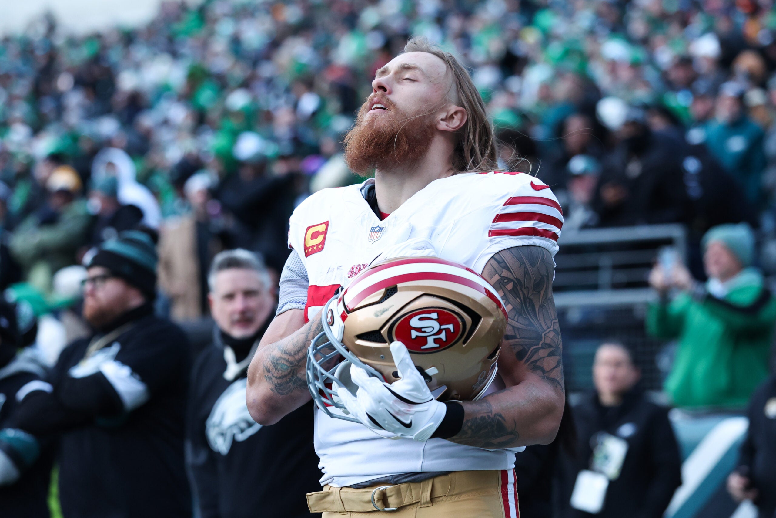 Jan 11, 2026; Philadelphia, PA, USA; San Francisco 49ers tight end George Kittle before action against the Philadelphia Eagles in an NFC Wild Card Round game at Lincoln Financial Field.