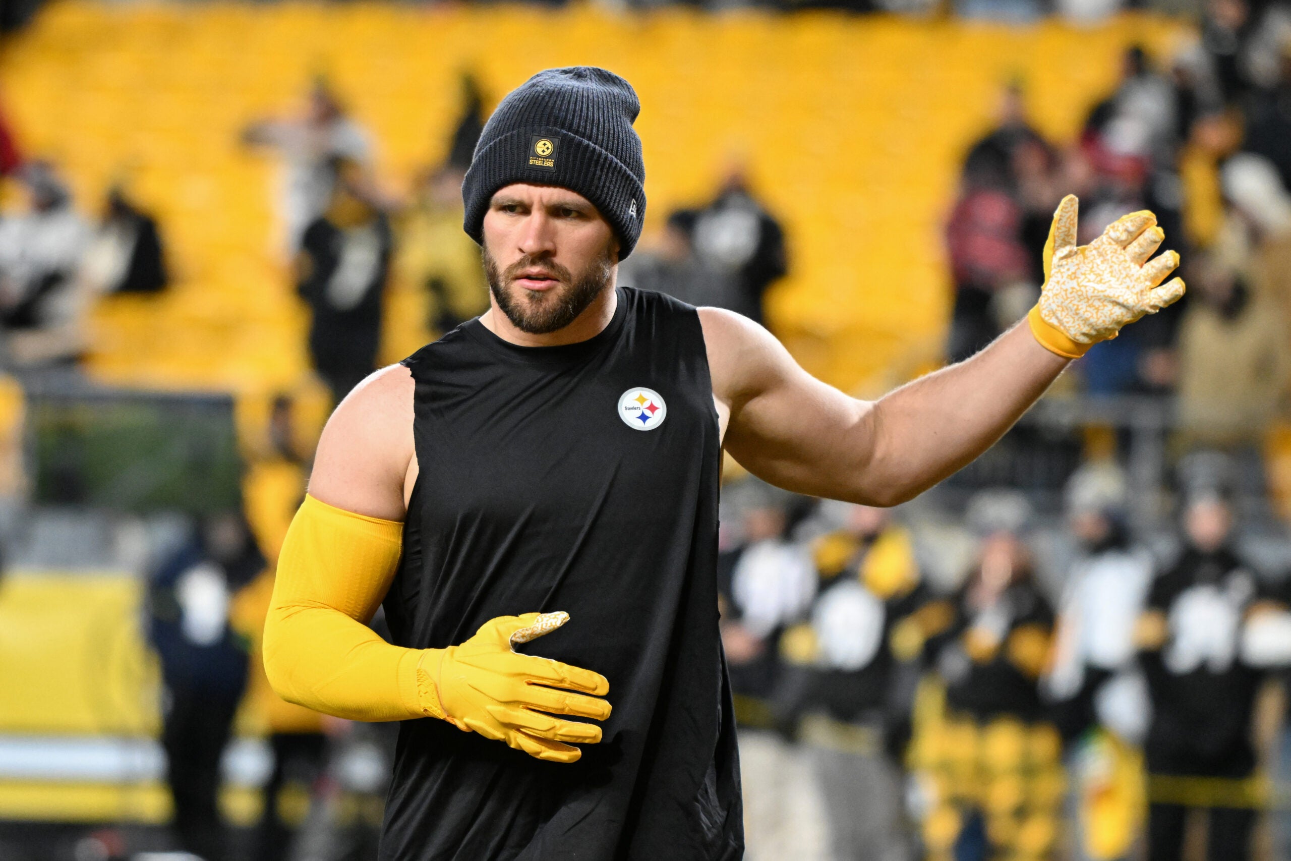 Jan 12, 2026; Pittsburgh, PA, USA; Pittsburgh Steelers linebacker T.J. Watt (90) warms up for an AFC Wild Card Round game against the Houston Texans at Acrisure Stadium.