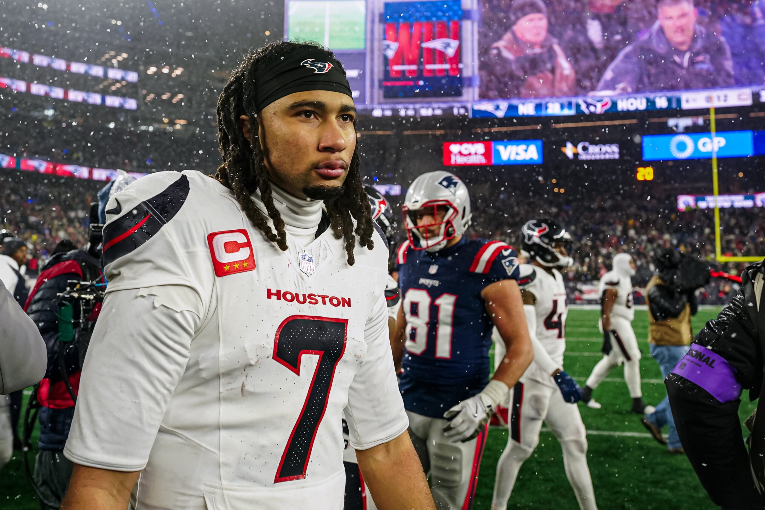 Jan 18, 2026; Foxborough, MA, USA; Houston Texans quarterback C.J. Stroud (7) after the game against the New England Patriots in an AFC Divisional Round game at Gillette Stadium.