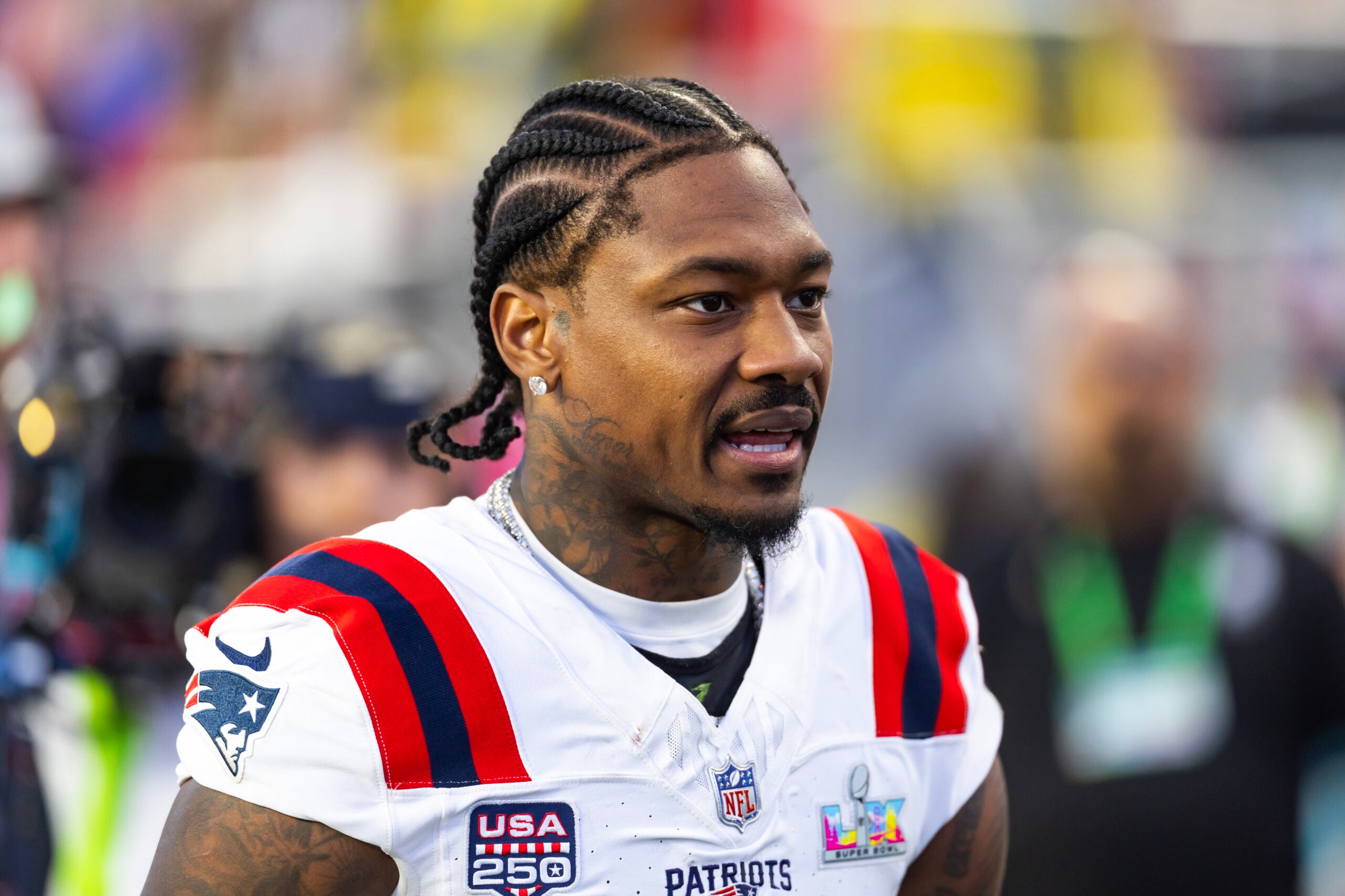 Feb 8, 2026; Santa Clara, CA, USA; New England Patriots wide receiver Stefon Diggs (8) against the Seattle Seahawks during Super Bowl LX at Levi's Stadium.