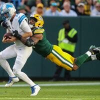 Green Bay Packers defensive end Micah Parsons (1) sacks Detroit Lions quarterback Jared Goff (16) on Sunday, September 7, 2025, at Lambeau Field in Green Bay, Wis. The Packers won the game, 27-13.