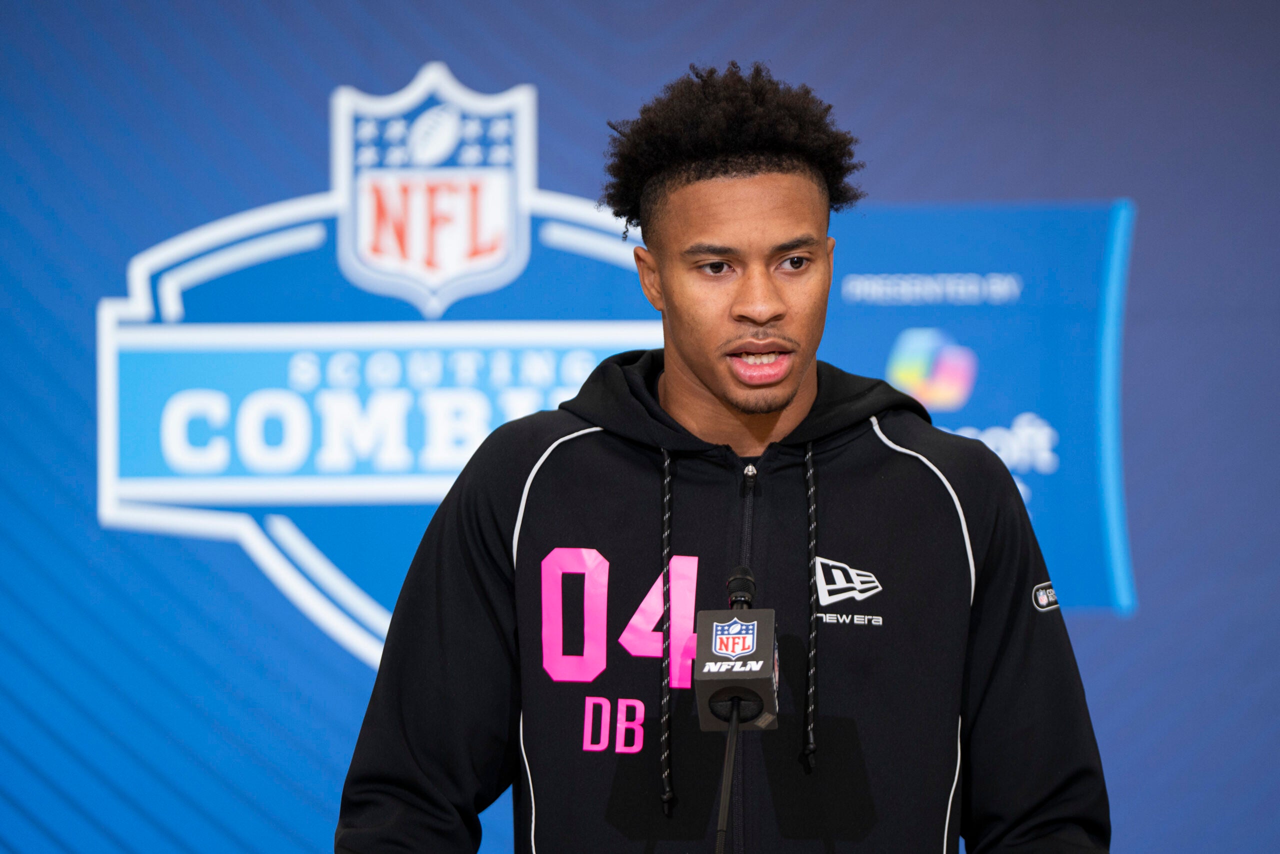 Feb 26, 2026; Indianapolis, IN, USA; South Carolina defensive back Brandon Cisse (DB04) speaks to members of the media during the NFL Combine at the Indiana Convention Center.