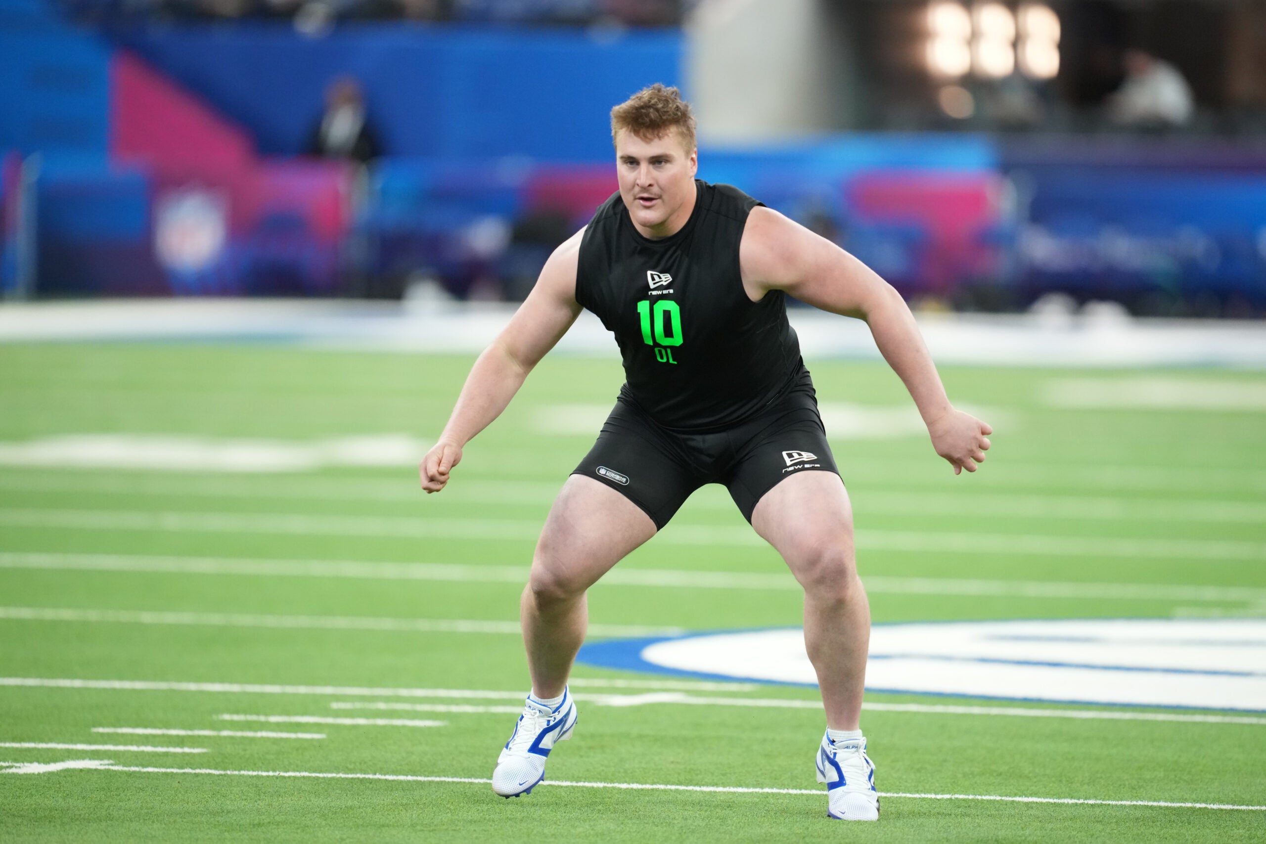 Mar 1, 2026; Indianapolis, IN, USA; Kentucky offensive lineman Jager Burton (OL10) during the NFL Scouting Combine at Lucas Oil Stadium.