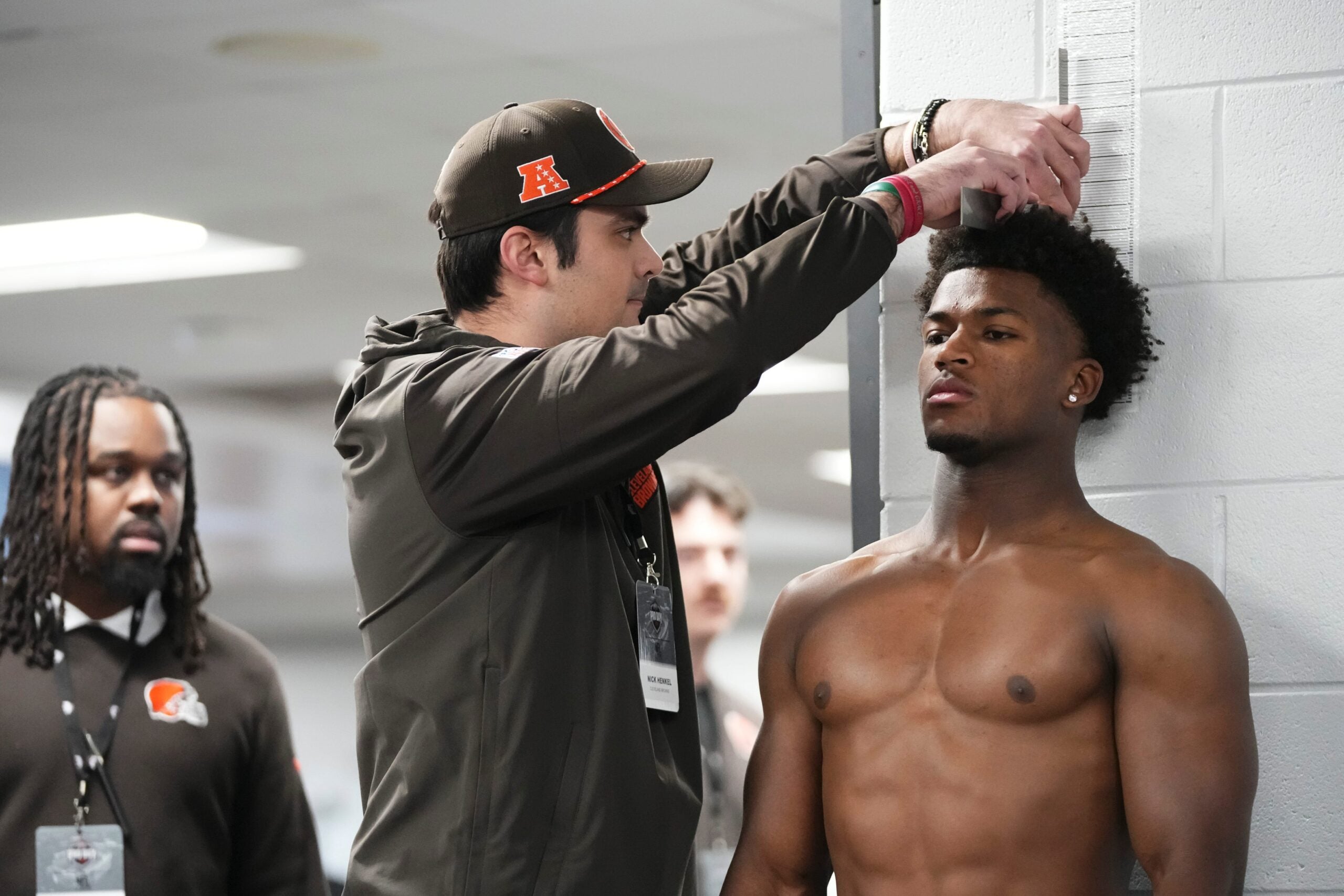 Ohio State Buckeyes defensive back Caleb Downs gets measured during Pro Day for NFL scouts at the Woody Hayes Athletics Center on March 25, 2026.