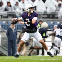 Apr 25, 2026; University Park, PA, USA; Penn State Nittany Lions quarterback Rocco Becht (3) throws a pass during the Penn State Blue-White Spring game at Beaver Stadium.