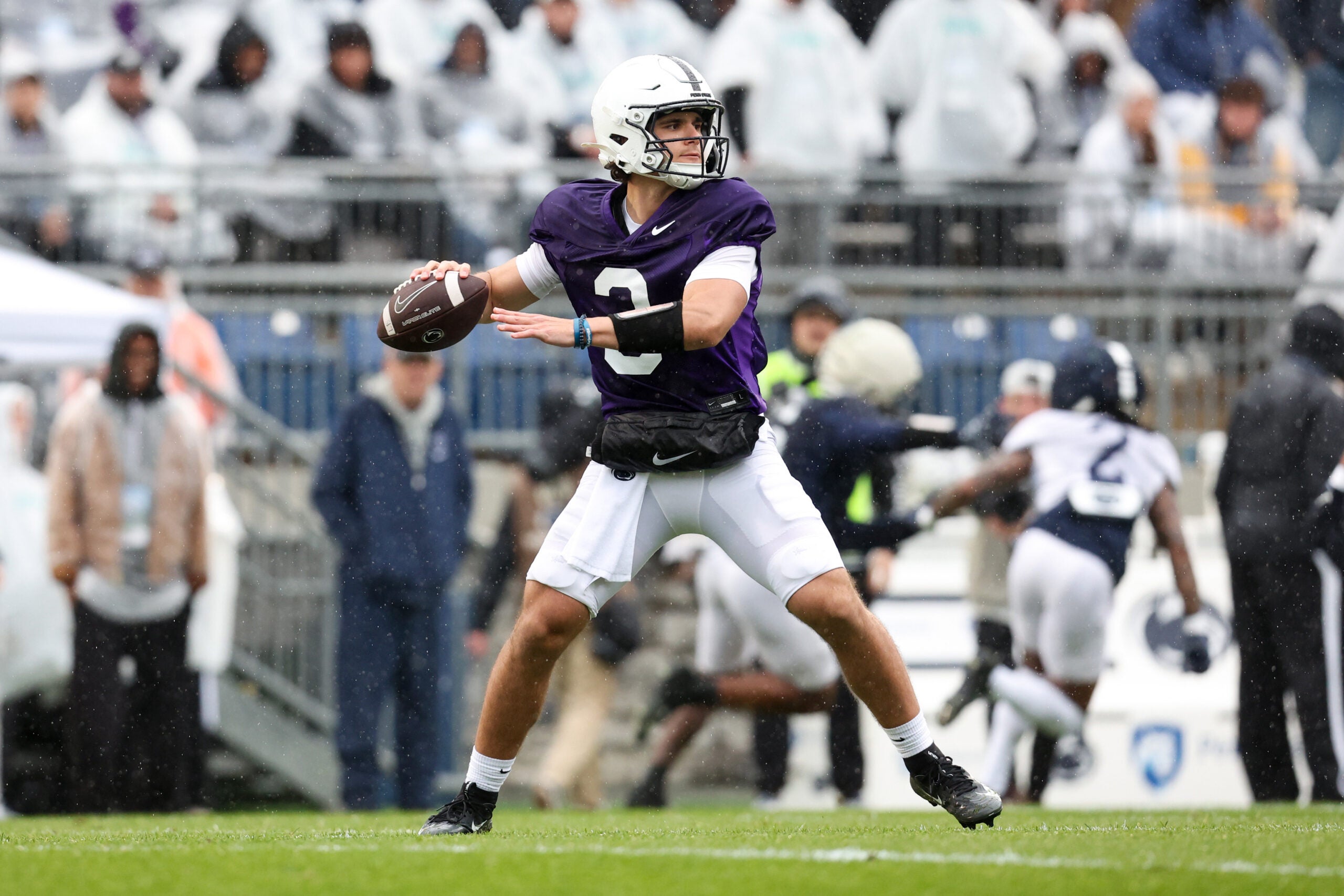Apr 25, 2026; University Park, PA, USA; Penn State Nittany Lions quarterback Rocco Becht (3) throws a pass during the Penn State Blue-White Spring game at Beaver Stadium.
