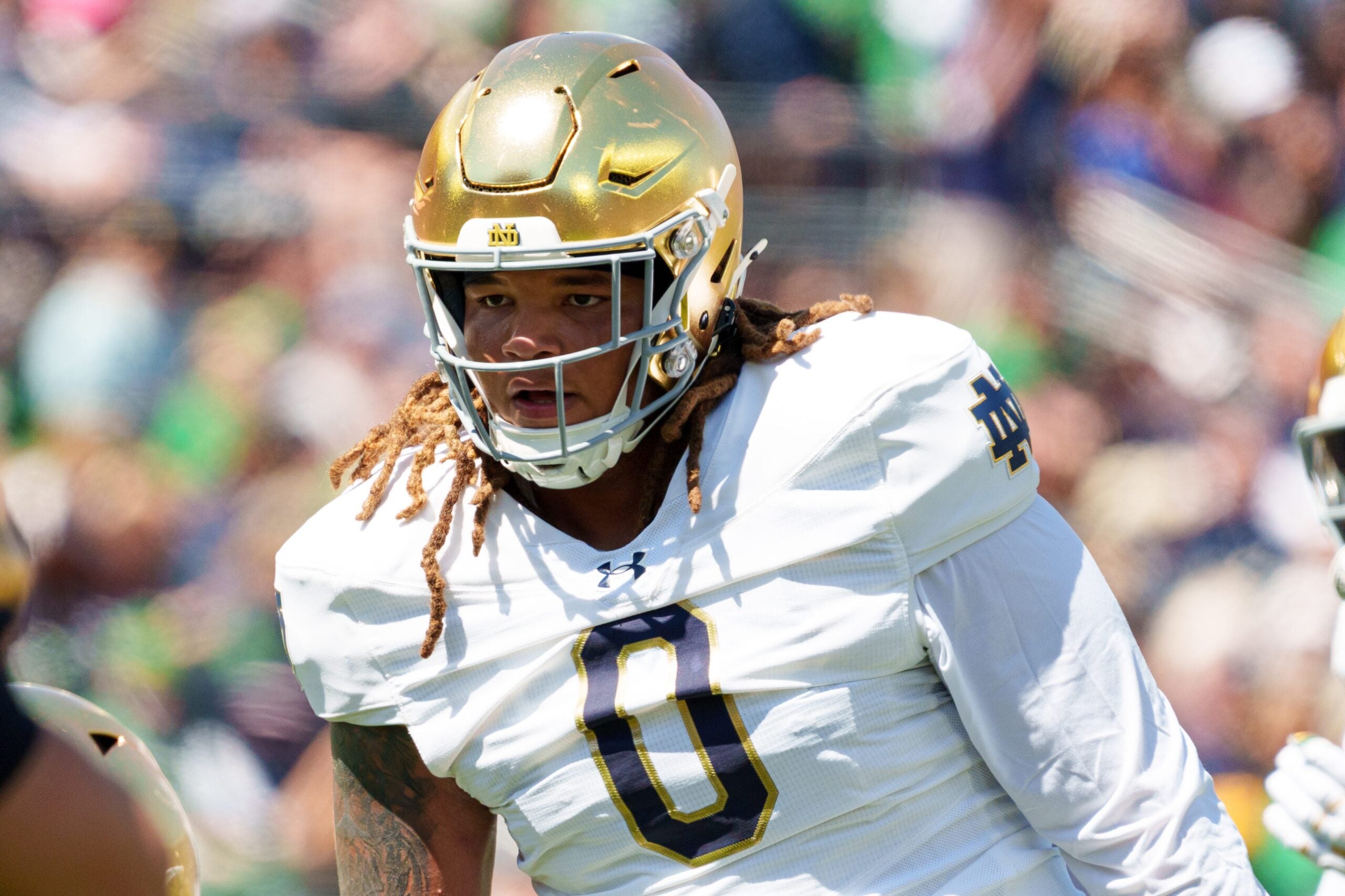 Notre Dame defensive lineman Tionne Gray during the Blue-Gold spring game at Notre Dame Stadium on Saturday, April 25, 2026, in South Bend.