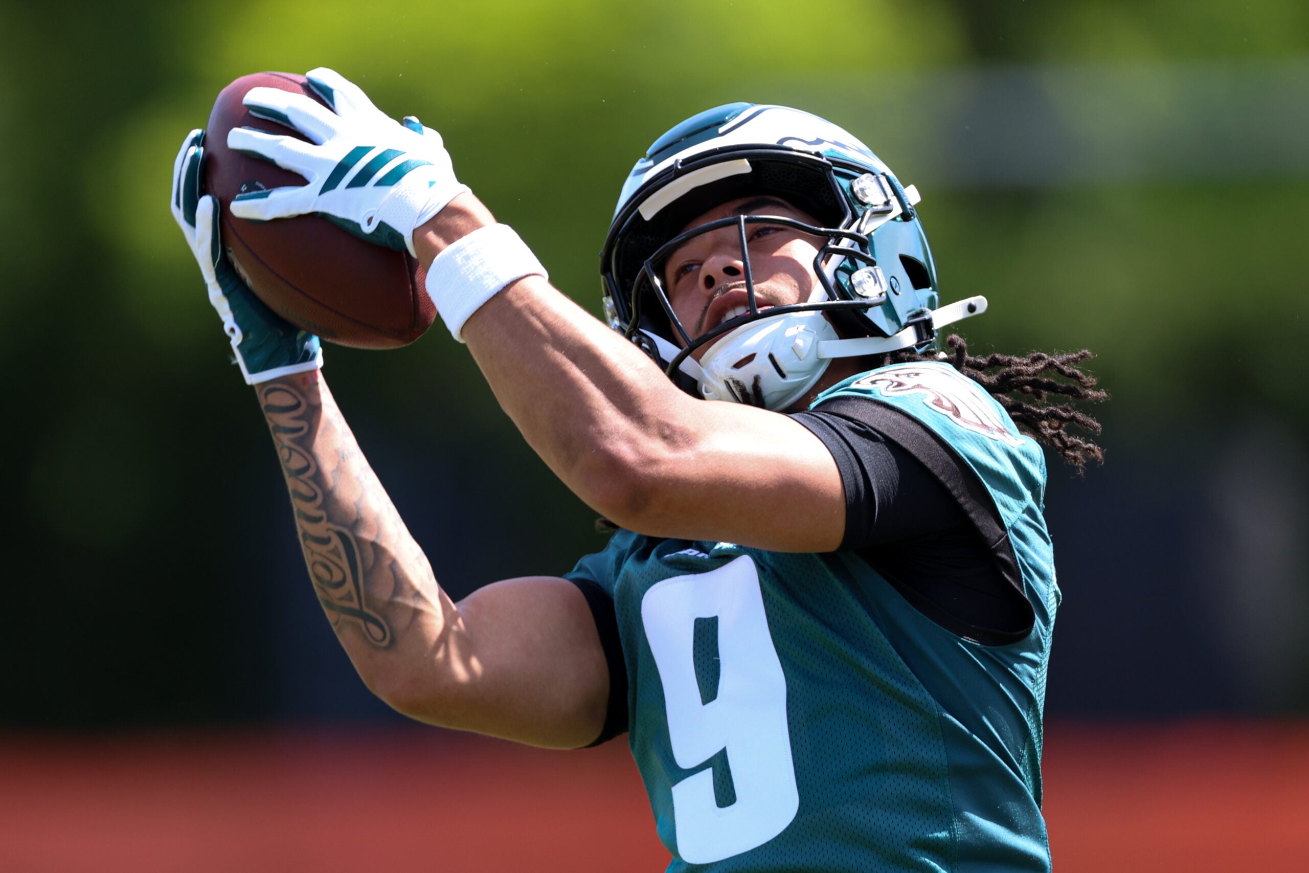 May 1, 2026; Philadelphia, PA, USA; Philadelphia Eagles wide receiver Makai Lemon (9) runs drills during rookie minicamp at NovaCare Complex.