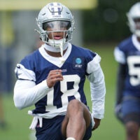 May 1, 2026; Frisco, TX, USA; Dallas Cowboys cornerback Caleb Downs (18) on the field during practice at the Ford Center at the Star Training Facility in Frisco, Texas.