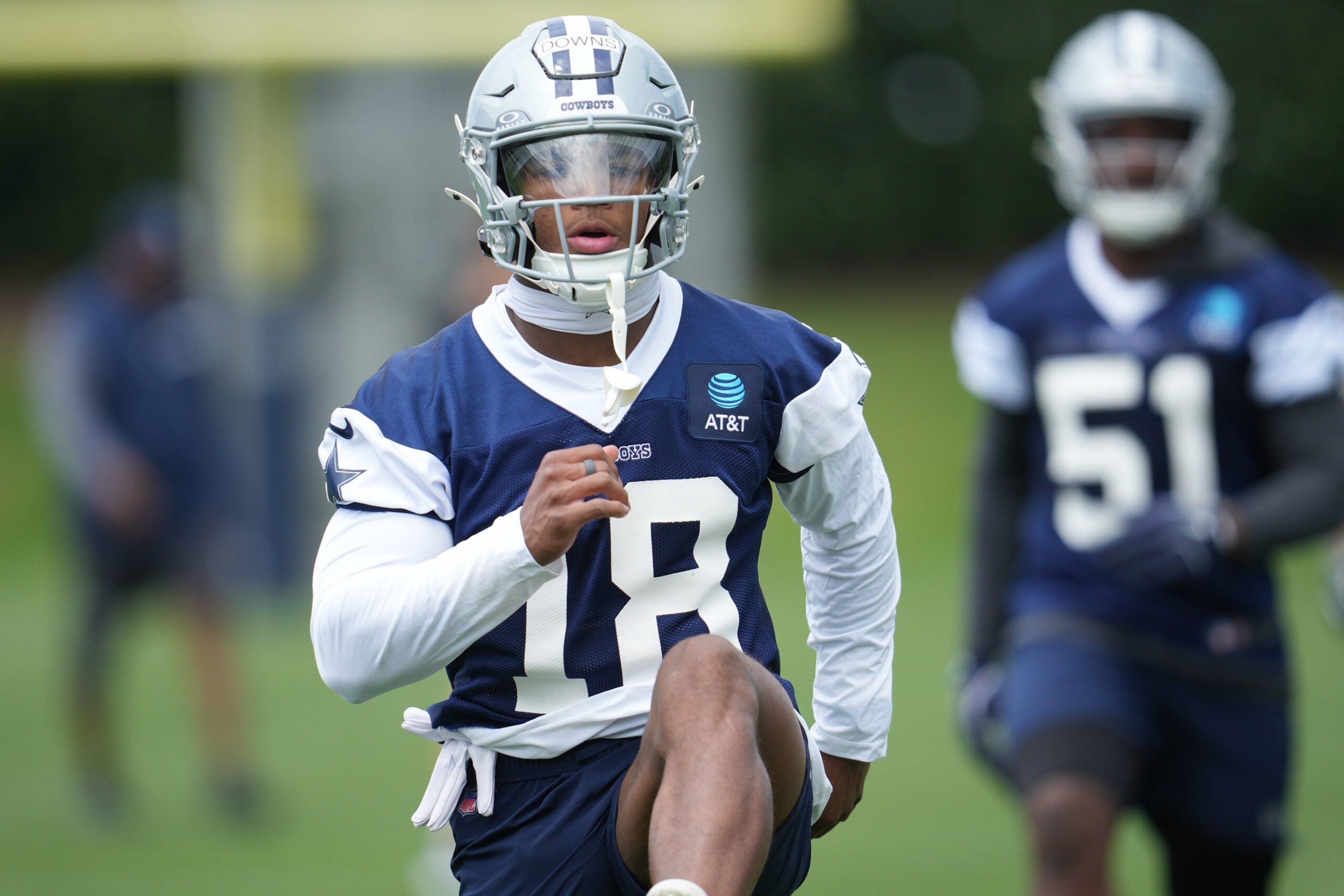 May 1, 2026; Frisco, TX, USA; Dallas Cowboys cornerback Caleb Downs (18) on the field during practice at the Ford Center at the Star Training Facility in Frisco, Texas.