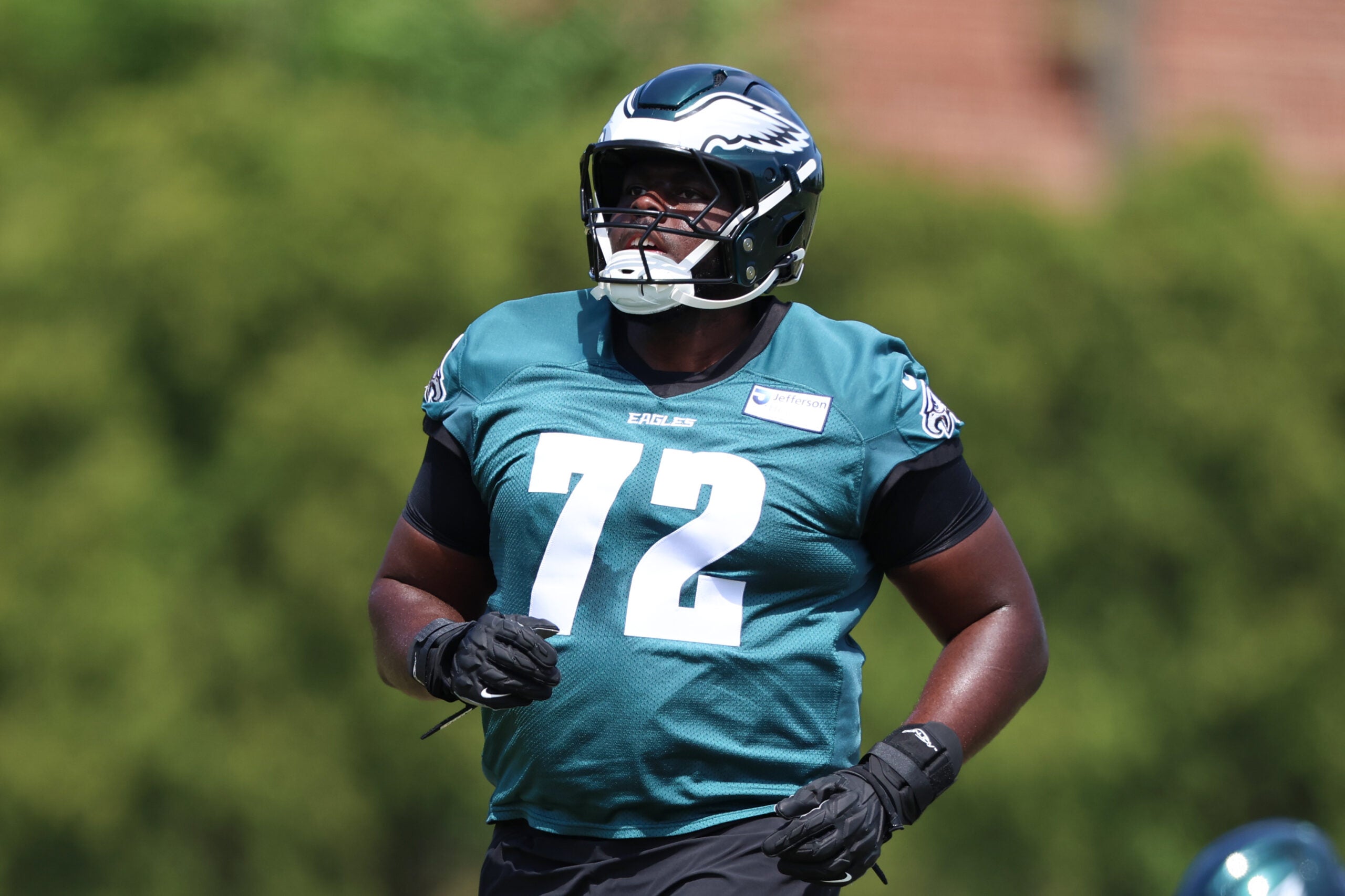 May 1, 2026; Philadelphia, PA, USA; Philadelphia Eagles linemen Markel Bell (72) runs drills during rookie minicamp at NovaCare Complex.