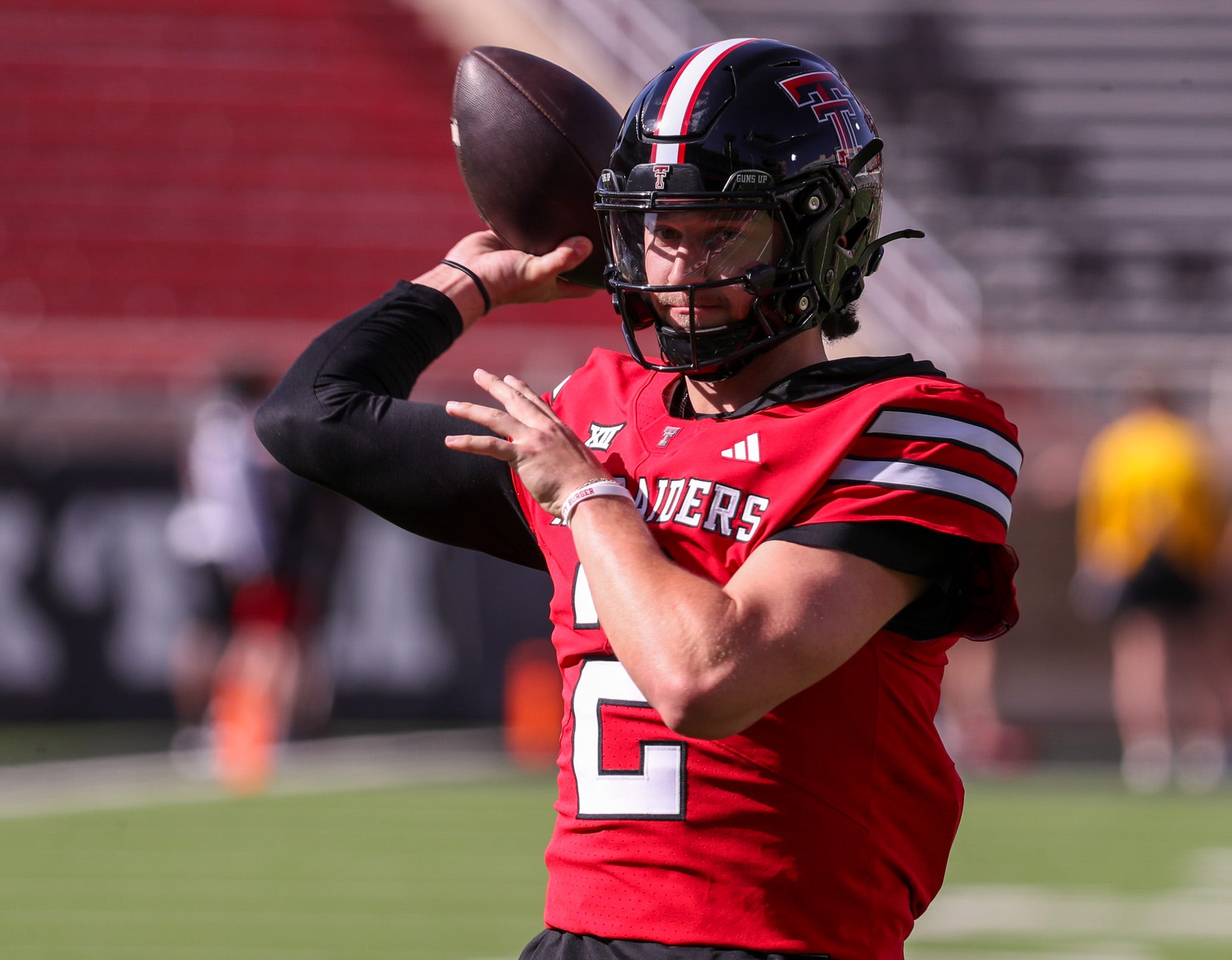 Texas Tech's Brendan Sorsby goes through warmups before the spring football game, Friday, April 17, 2026, at Jones AT&T Stadium.