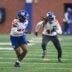 May 21, 2026; East Rutherford, NJ, USA; New York Giants linebacker Zaire Barnes (46) and linebacker Tremaine Edmunds (49) participate in a drill during organized team activities at Quest Diagnostics Training Center.