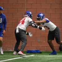 May 21, 2026; East Rutherford, NJ, USA; New York Giants outside linebacker Abdul Carter (3) and linebacker Khalid Kareem (54) participate in a drill during organized team activities at Quest Diagnostics Training Center.