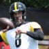 May 28, 2026; Pittsburgh, PA, USA; Pittsburgh Steelers quarterback Aaron Rodgers (8) participates in OTA drills at the UPMC Rooney Sports Complex.