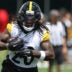 May 28, 2026; Pittsburgh, PA, USA; Pittsburgh Steelers running back Kaleb Johnson (20) participates in OTA drills at the UPMC Rooney Sports Complex.