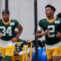 Green Bay Packers cornerback Brandon Cisse (2) jogs to the next warm-up station during practice on Tuesday, June 2, 2026, at the Don Hutson Center in Ashwaubenon, Wis.