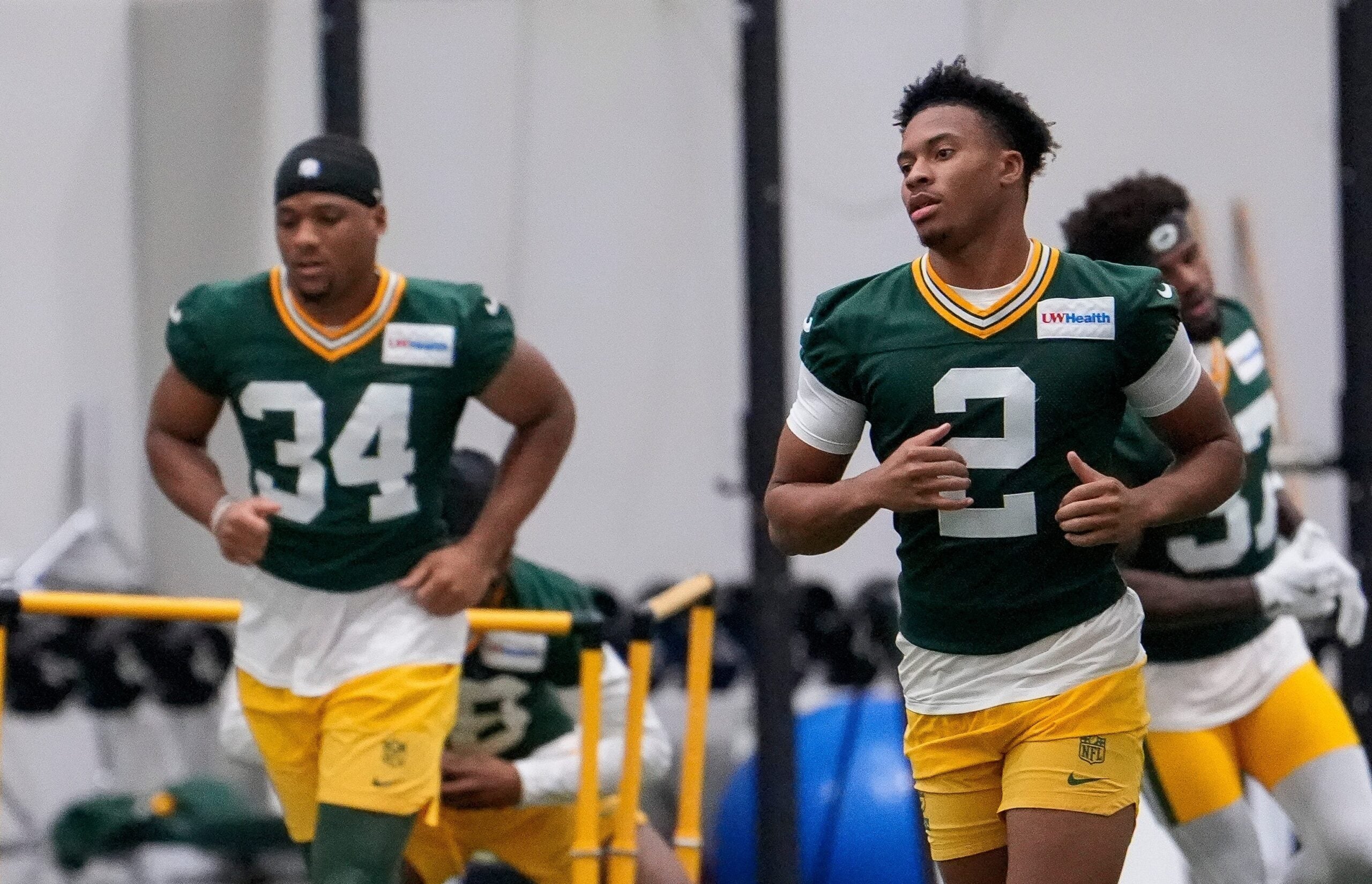Green Bay Packers cornerback Brandon Cisse (2) jogs to the next warm-up station during practice on Tuesday, June 2, 2026, at the Don Hutson Center in Ashwaubenon, Wis.
