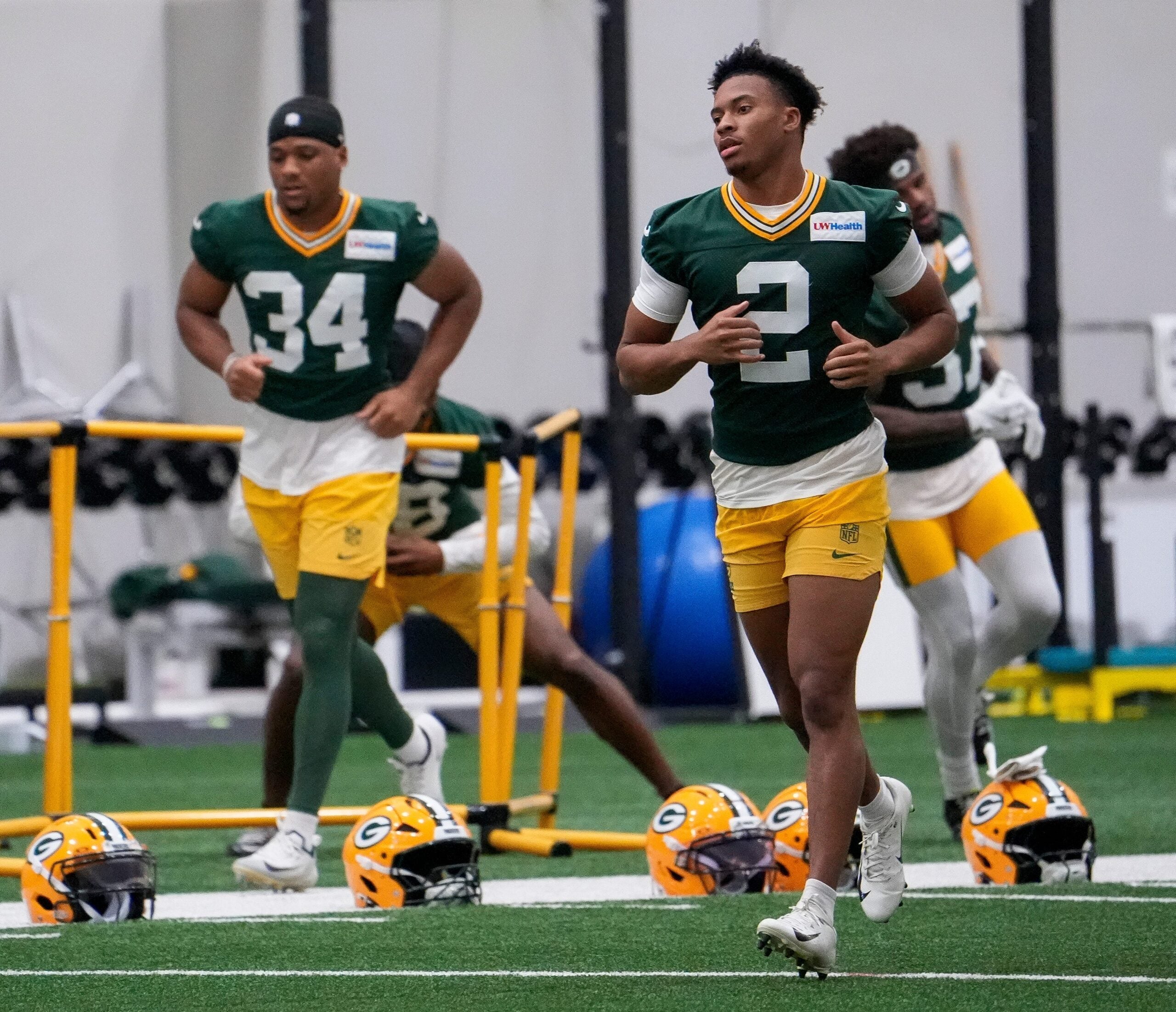 Green Bay Packers cornerback Brandon Cisse (2) jogs to the next warm-up station during practice on Tuesday, June 2, 2026, at the Don Hutson Center in Ashwaubenon, Wis.