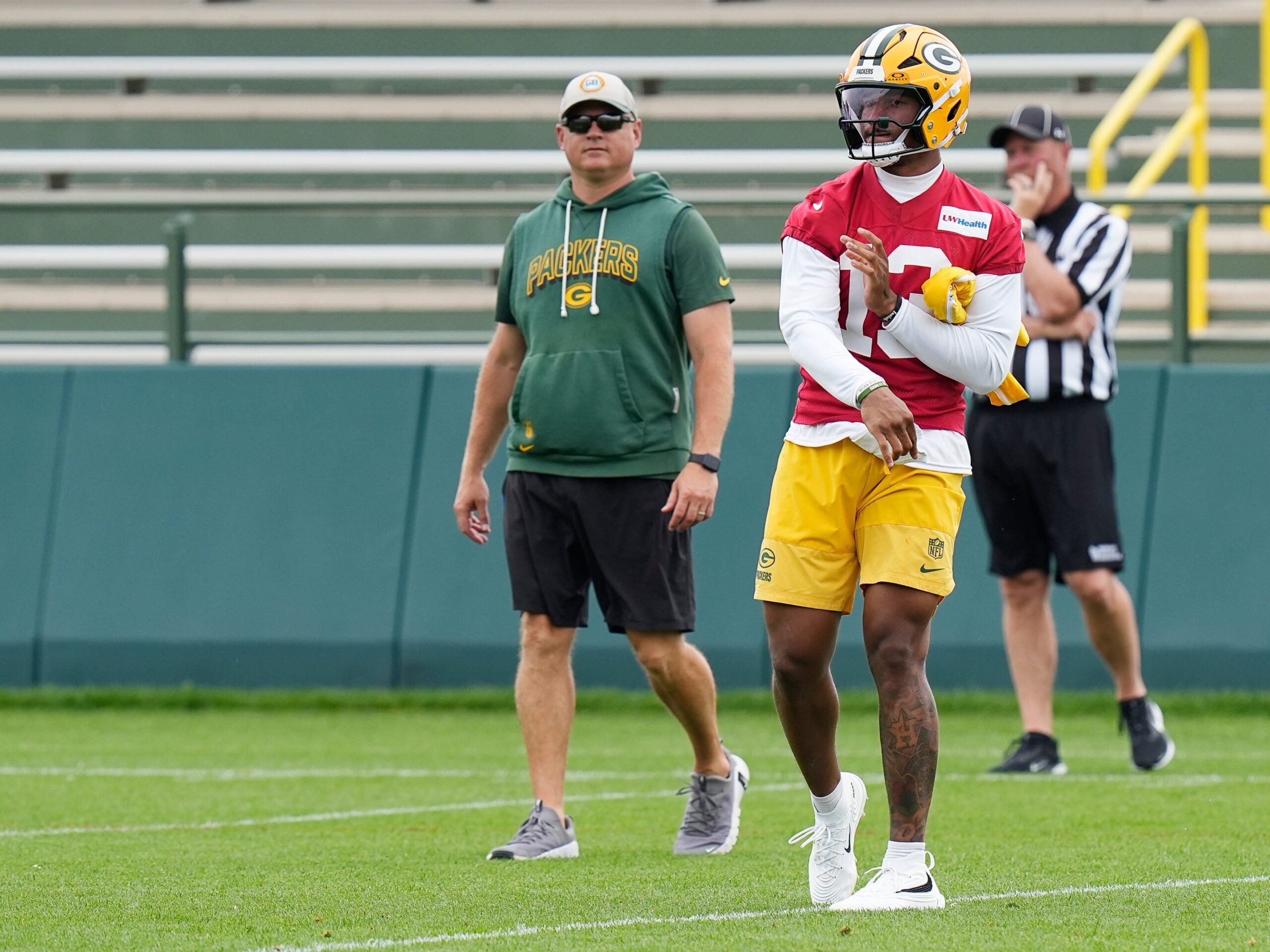 Green Bay Packers quarterback Kyron Drones (13) runs drills during the first day of a three-day minicamp at the Don Hutson Center in Ashwaubenon, Wisconsin on Tuesday, June 9, 2026.