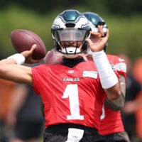 Jun 10, 2026; Philadelphia, PA, USA; Philadelphia Eagles quarterback Jalen Hurts (1) passes the ball during minicamp at Jefferson Health Training Complex.