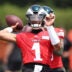 Jun 10, 2026; Philadelphia, PA, USA; Philadelphia Eagles quarterback Jalen Hurts (1) passes the ball during minicamp at Jefferson Health Training Complex.