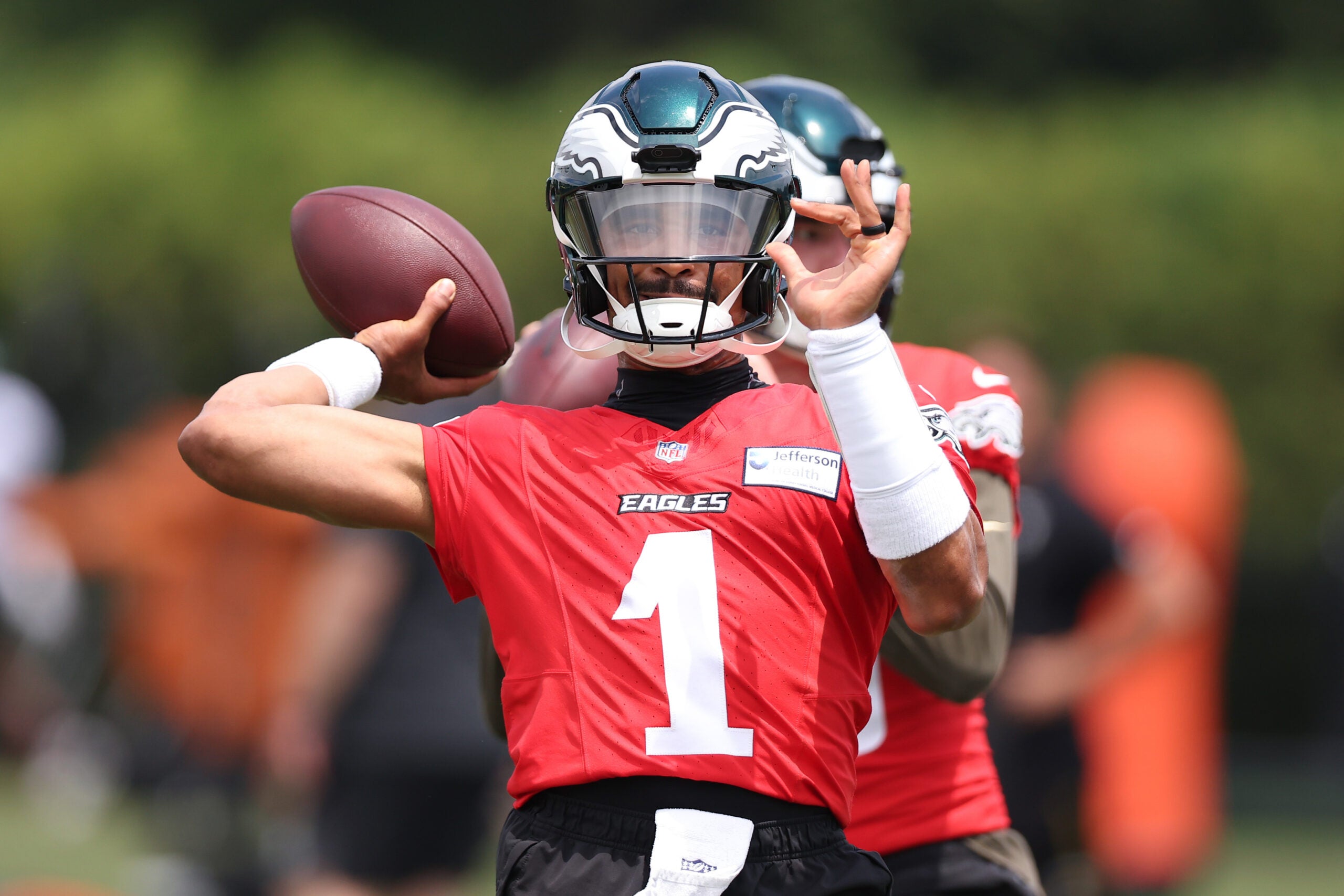 Jun 10, 2026; Philadelphia, PA, USA; Philadelphia Eagles quarterback Jalen Hurts (1) passes the ball during minicamp at Jefferson Health Training Complex.