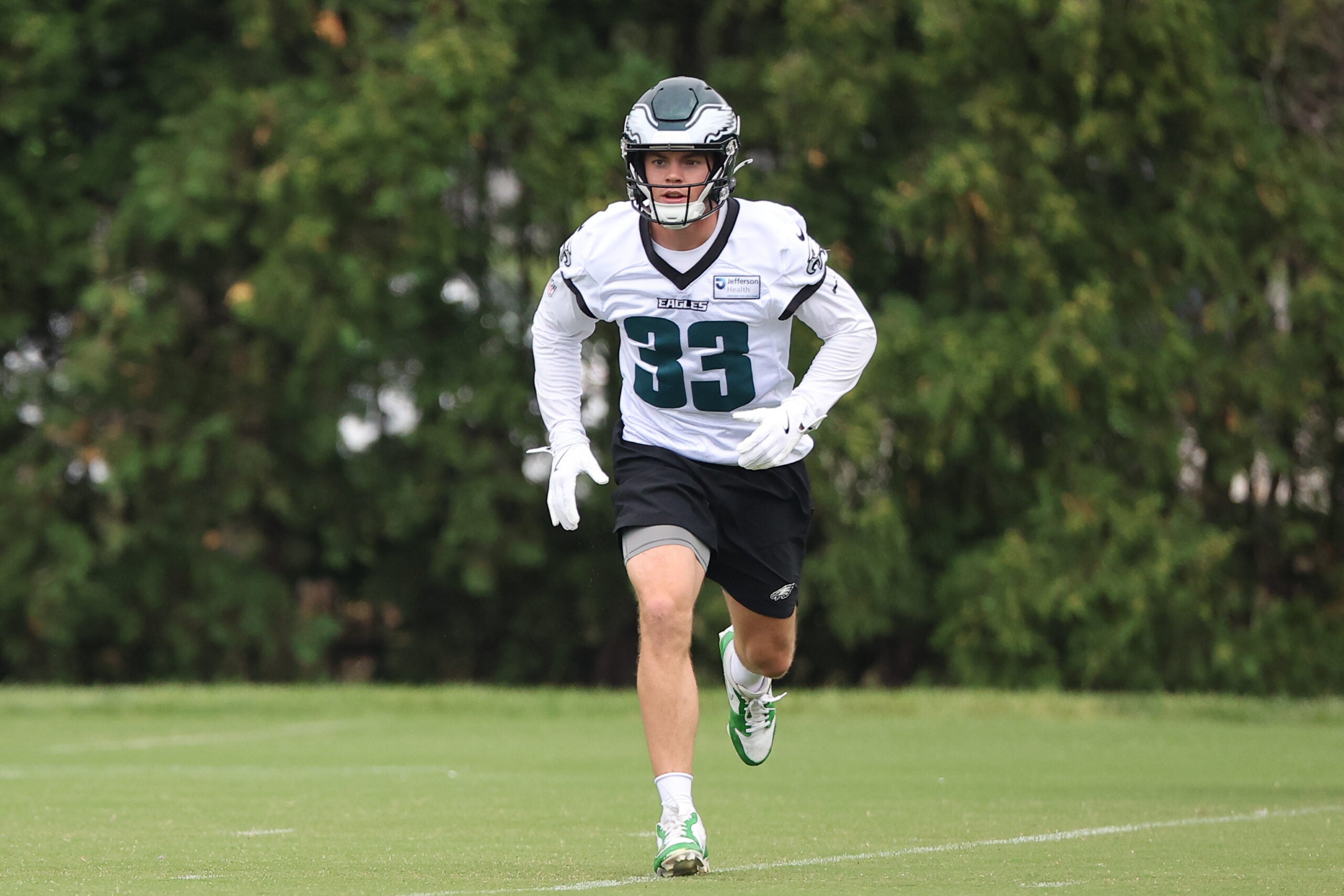 Jun 10, 2026; Philadelphia, PA, USA; Philadelphia Eagles cornerback Cooper DeJean (33) runs a drill during minicamp at Jefferson Health Training Complex.
