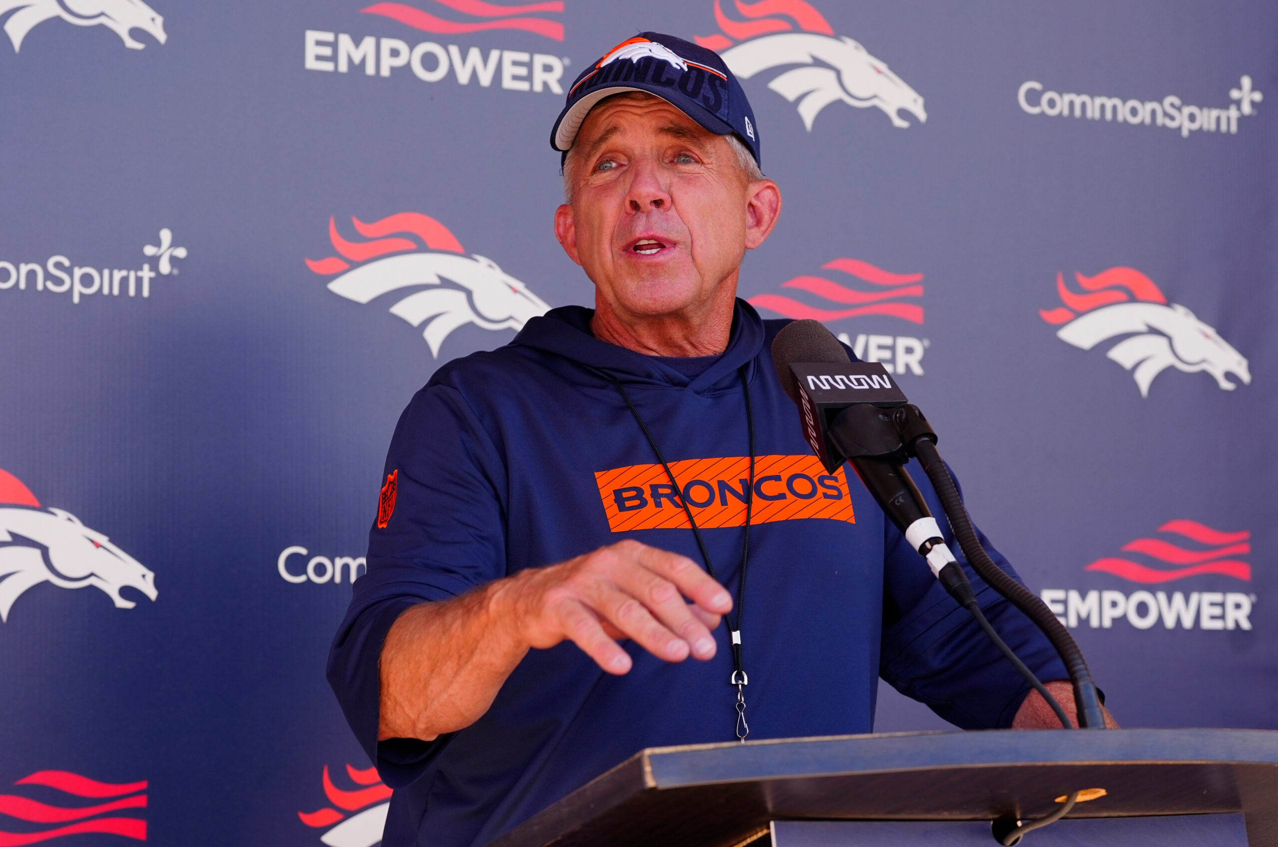 Jun 16, 2026; Englewood, CO, USA; Denver Broncos head coach Sean Payton speaks to the media following mini camp drills at Broncos Park.