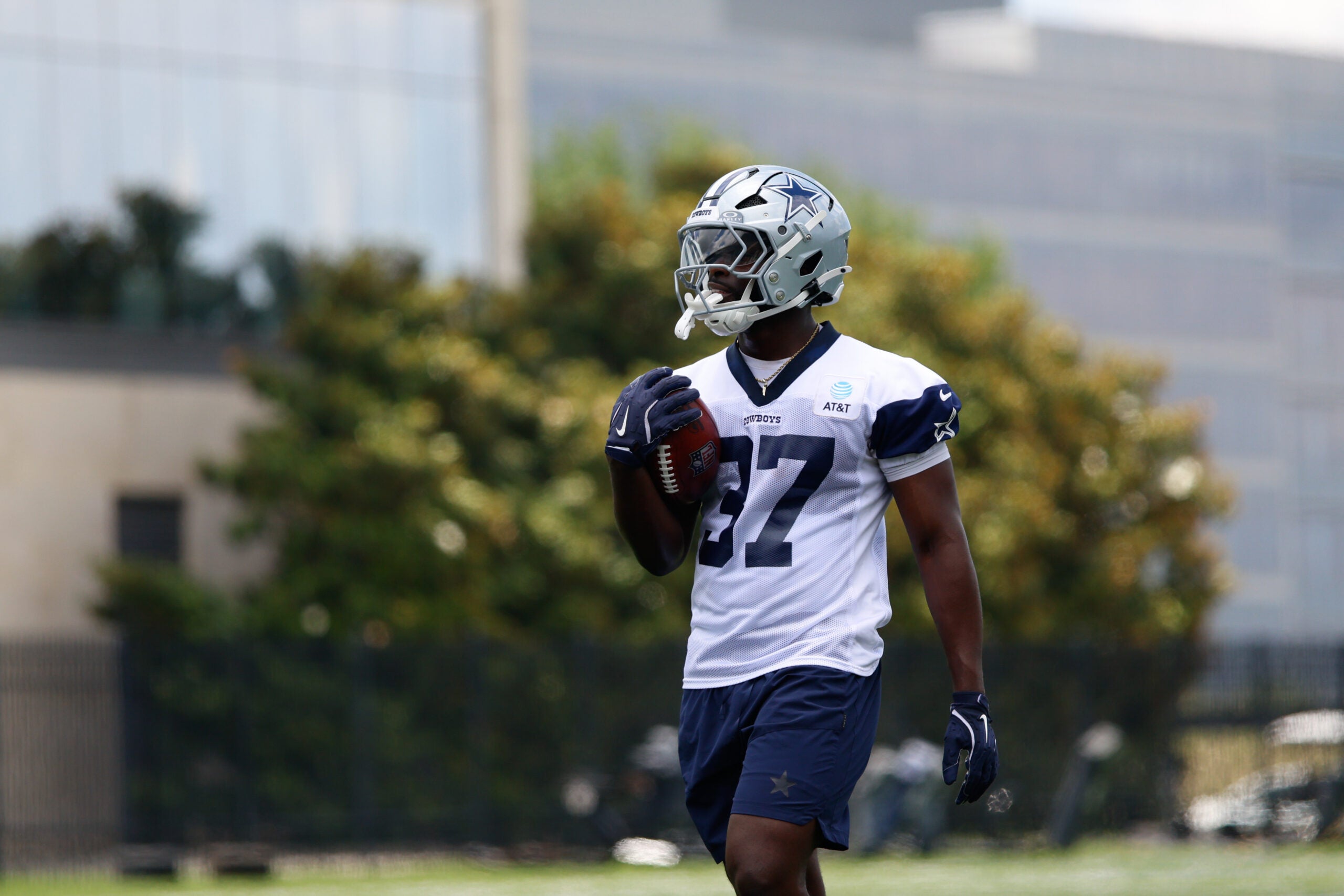 Jun 16, 2026; Dallas, TX, USA; Dallas Cowboys running back Phil Mafah (37) goes through a drill during practice at the Ford Center at the Star Training Facility in Frisco, Texas.