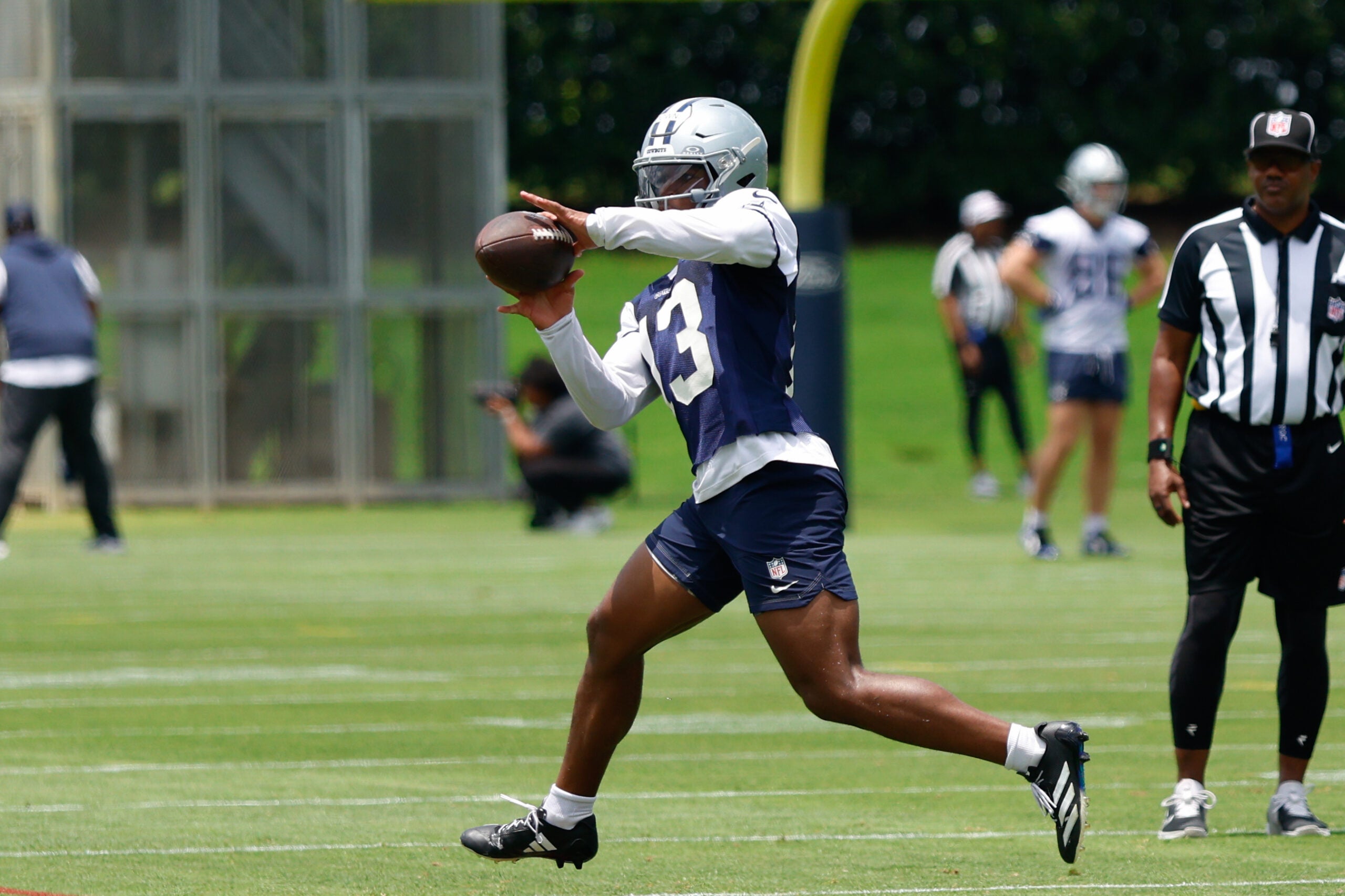 Jun 16, 2026; Dallas, TX, USA; Dallas Cowboys safety Caleb Downs (13) goes through a drill during practice at the Ford Center at the Star Training Facility in Frisco, Texas.