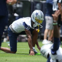 Jun 16, 2026; Dallas, TX, USA; Dallas Cowboys wide receiver George Pickens (3) stretches before practice at the Ford Center at the Star Training Facility in Frisco, Texas.