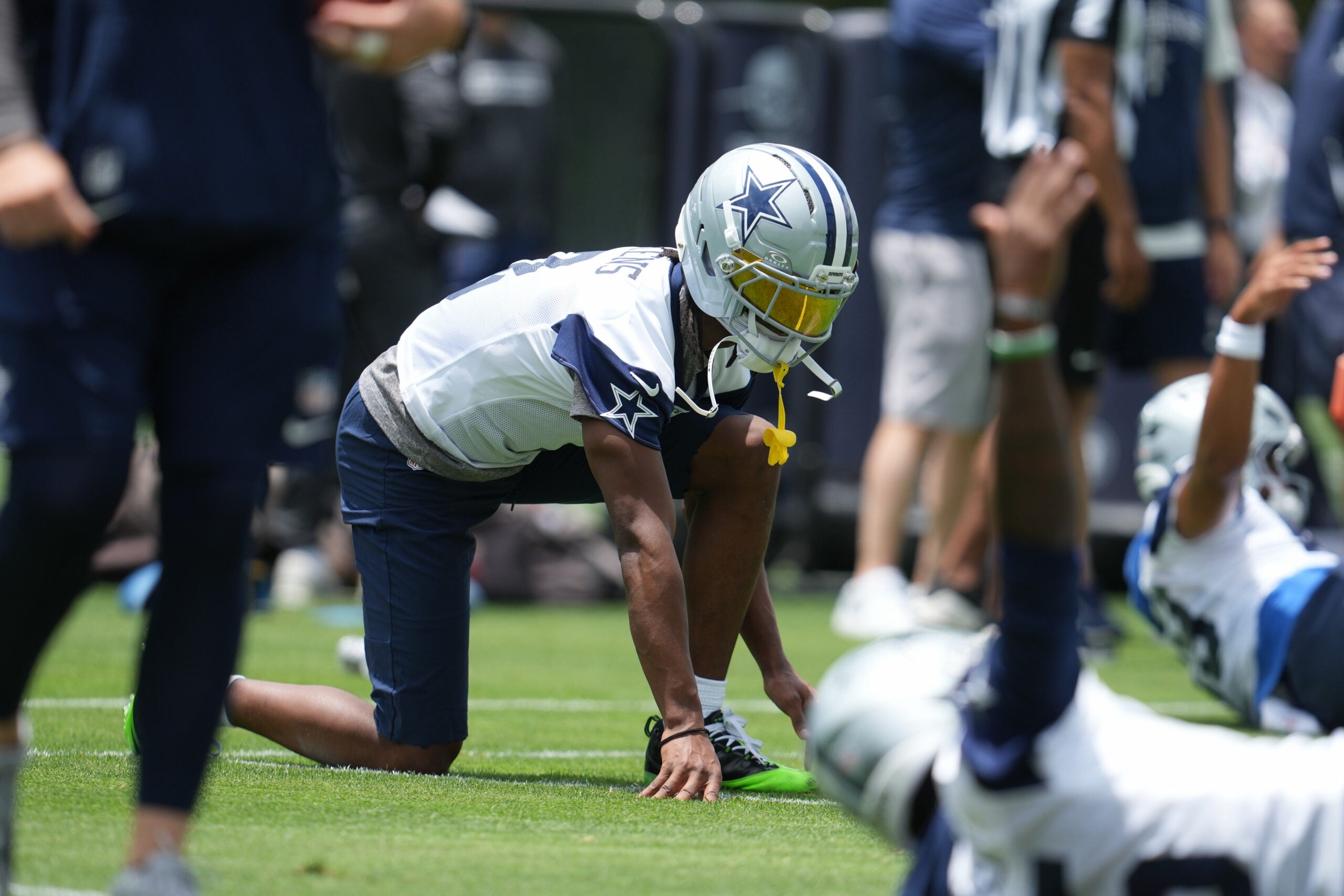 Jun 16, 2026; Dallas, TX, USA; Dallas Cowboys wide receiver George Pickens (3) stretches before practice at the Ford Center at the Star Training Facility in Frisco, Texas.
