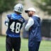 Jun 16, 2026; Dallas, TX, USA; Dallas Cowboys defensive coordinator Christian Parker speaks with cornerback Zion Childress (48) during practice at the Ford Center at the Star Training Facility in Frisco, Texas.