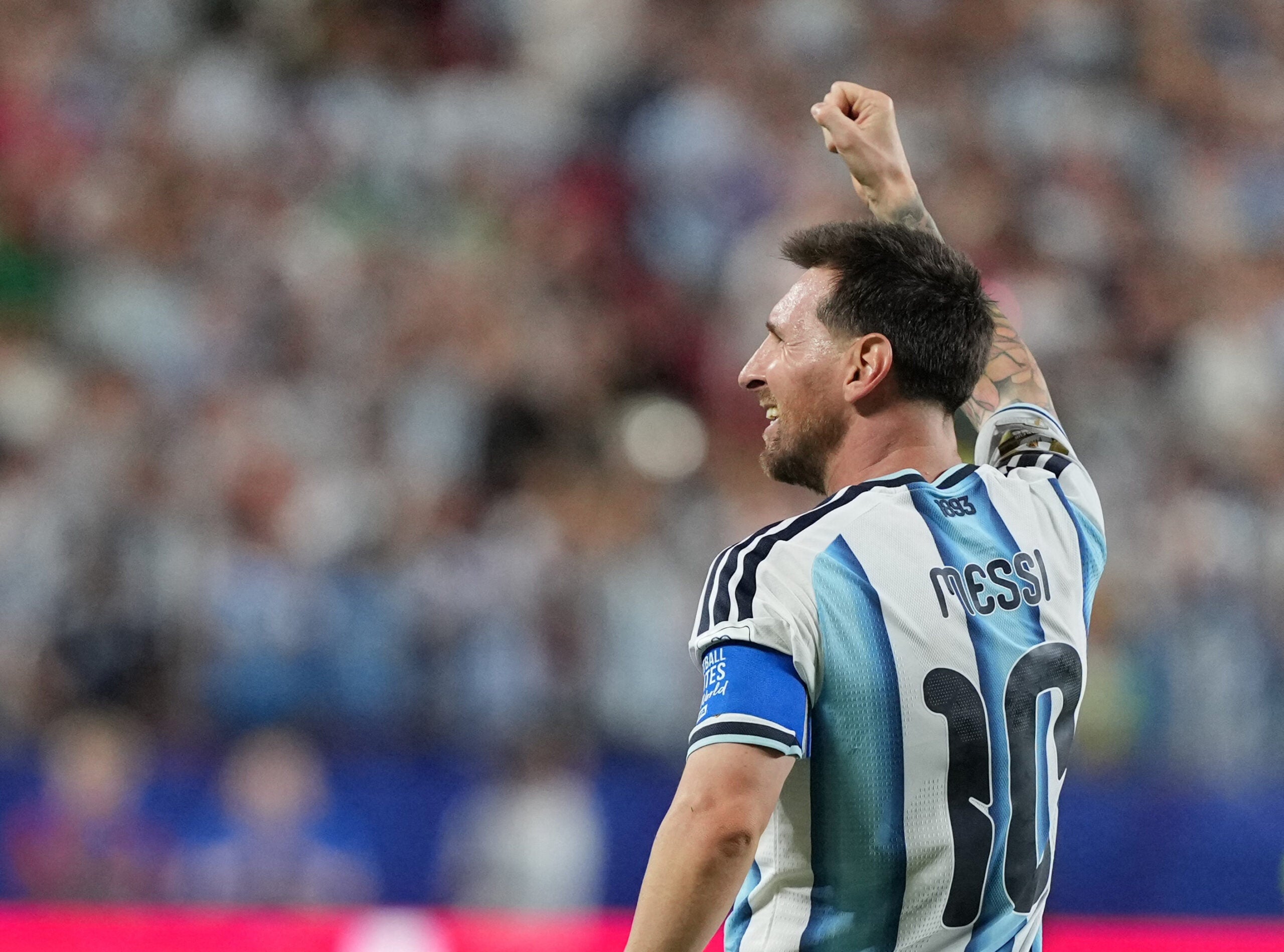 June 16, 2026; Kansas City, Missouri, U.S.; Argentina's Lionel Messi celebrates scoring their second goal.
