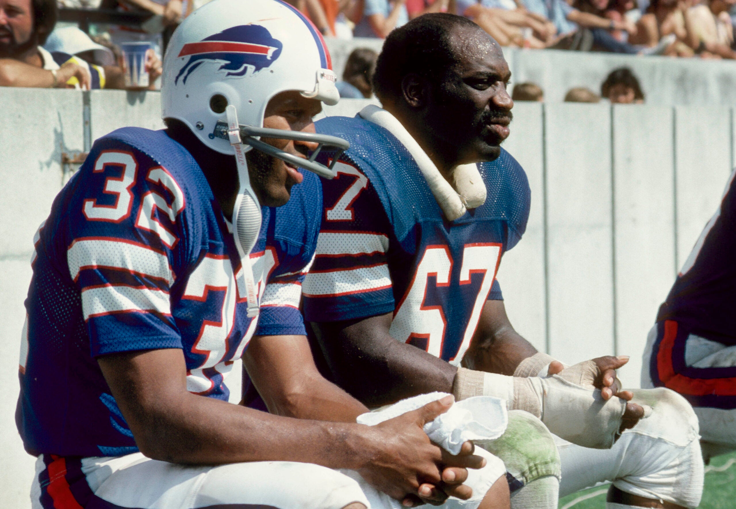 Sep 26, 1976; Tampa, FL, USA; FILE PHOTO; Buffalo Bills running back O.J. Simpson (32) and guard Reggie McKenzie (67) on the sideline during the game against the Tampa Bay Buccaneers at Tampa Stadium.