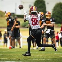 Jaden Bradley catches a pass during Day 2 of Commanders mandatory minicamp.